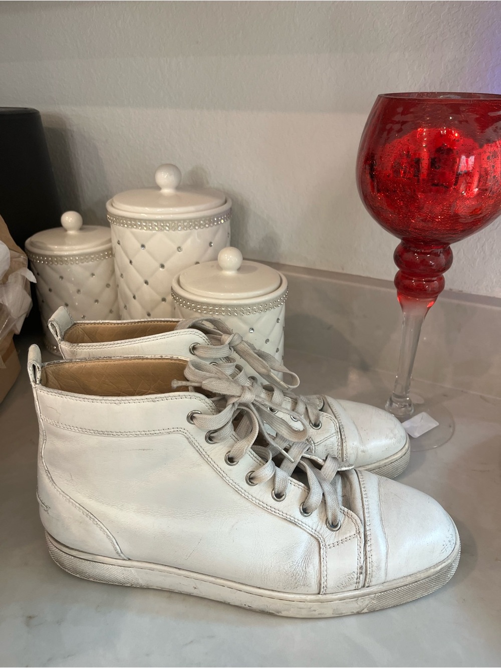 Christian Louboutin White High-Top Leather Sneakers